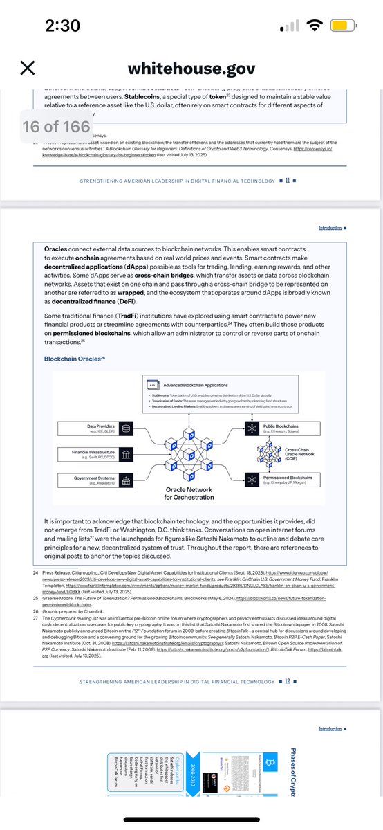 🚨 It’s happening. Officially. 🚨

The White House just dropped a 166 page digital finance framework…

And guess who’s front and center?

$LINK

Not only is Chainlink named, but the entire oracle architecture, including CCIP is literally diagrammed in the report. 

This isn’t a