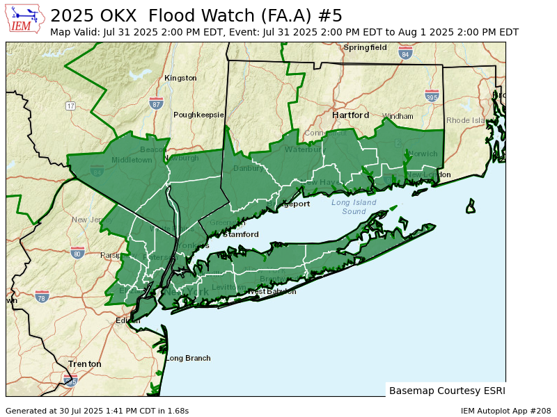 OKX issues Flood Watch valid at Jul 31, 2:00 PM EDT (34 zones) till Aug 1, 2:00 PM EDT mesonet.agron.iastate.edu/vtec/f/2025-O-…
