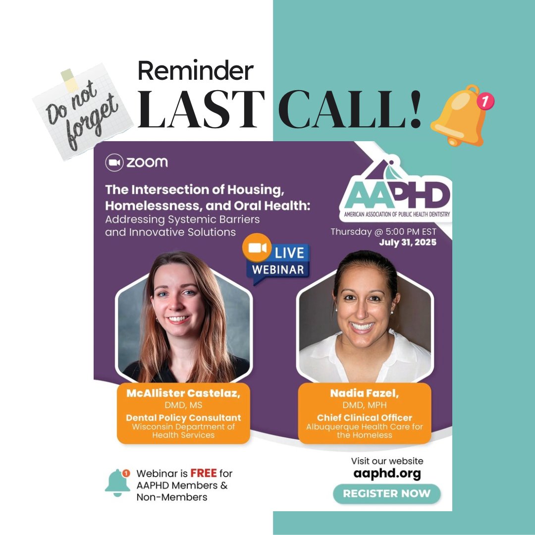 LAST CALL – THE WEBINAR IS TOMORROW!
Spots are almost gone for this powerful FREE session in the 2025 AAPHD Educational Series — and today is your final chance to register!

REGISTER NOW! 

#AAPHD #webinar #PublicHealthDentistry #aaphd  #dentists #schoolofdentistry