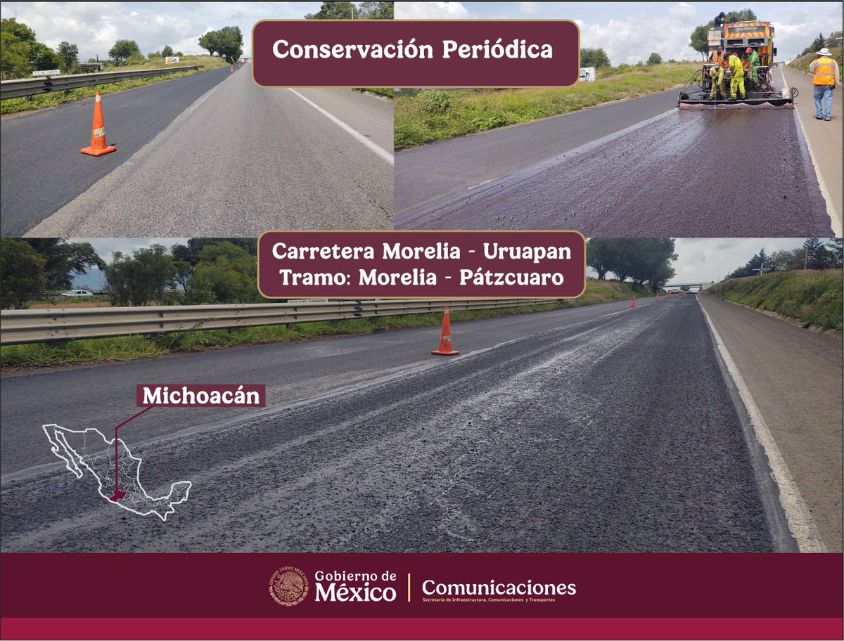 El Centro #SICTMichoacán realiza conservación periódica en la carretera: Morelia-Uruapan, tramo: Morelia-Pátzcuaro, del km. 14+000 al 43+000 cuerpo “A”, mediante la aplicación de capa de rodadura de microaglomerado.
Trabajamos para brindarte mayor seguridad 🚧⚠️👷‍♂️🦺🚜🛻🚧