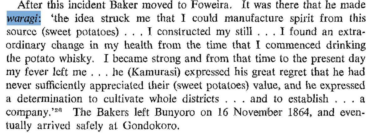 Samuel Baker extolling the virtues of local potent gin in Bunyoro in 1864. From "A History of Bunyoro-Kitara" by A.R. Dunbar (1965)