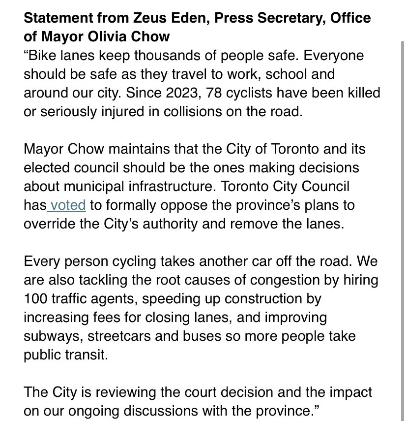 NEW: Toronto Mayor Chow comment about bike lanes ruling. “Mayor Chow maintains that the City of Toronto and its elected council should be the ones making decisions about municipal infrastructure.” #onpoli