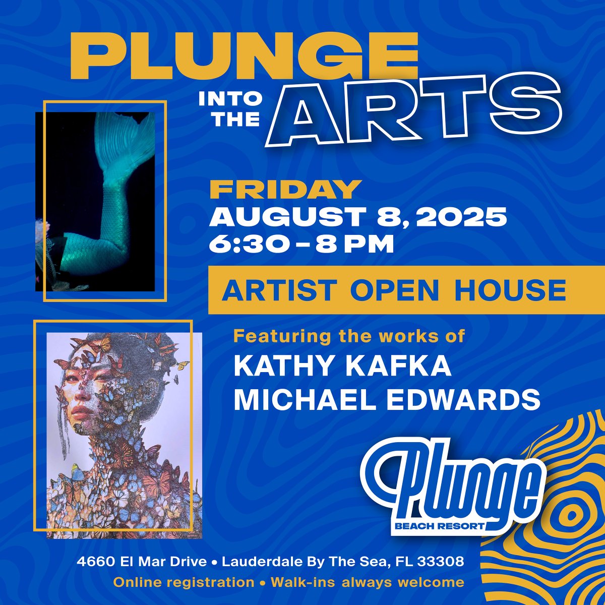 Art lovers, join us Friday, August 8 from 6:30–8:00 PM for Plunge Into the Arts featuring Kathy Kafka and Michael Edwards—an evening of creativity, cocktails, and community by the sea. #PlungeBeachResort #LauderdaleByTheSea