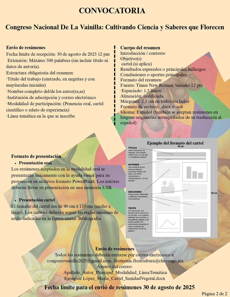 Unidad de Genómica Avanzada del Cinvestav (@uga_langebio) on Twitter photo ✨Participa en el Congreso Nacional de la Vainilla 2025
📍Sede: Universidad Autónoma Chapingo
📅9 y 10 de octubre de 2025
📨Fecha límite para envío de resúmenes: 30 de agosto de 2025
📧Envío a: congresovainilla2025@gmail.com / fitotecnia.floricultura@chapingo.mx ✨Participa en el Congreso Nacional de la Vainilla 2025
📍Sede: Universidad Autónoma Chapingo
📅9 y 10 de octubre de 2025
📨Fecha límite para envío de resúmenes: 30 de agosto de 2025
📧Envío a: congresovainilla2025@gmail.com / fitotecnia.floricultura@chapingo.mx