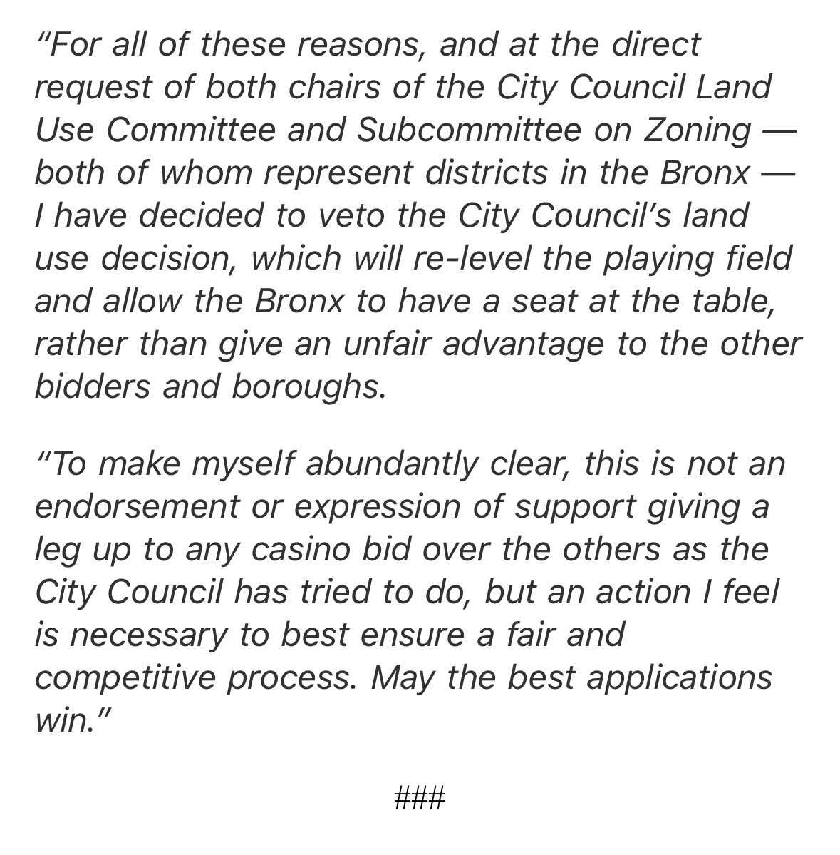.@nycmayor vetoes @nyccouncil’s decision on Bally’s casino in the Bronx - allowing the project to move forward - “an action I feel is necessary to best ensure a fair and competitive process” (he fails to mention his campaign lawyer and chairman worked for the project)