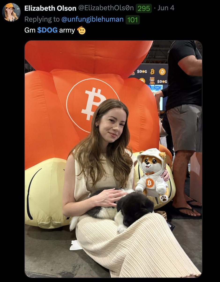🚨 BREAKING: a beloved member of our $DOG army <a href="/ElizabethOls0n/">Elizabeth Olson</a> is the new Product Marketing Director
<a href="/okx/">OKX</a> 

Huge W for everyone involved!