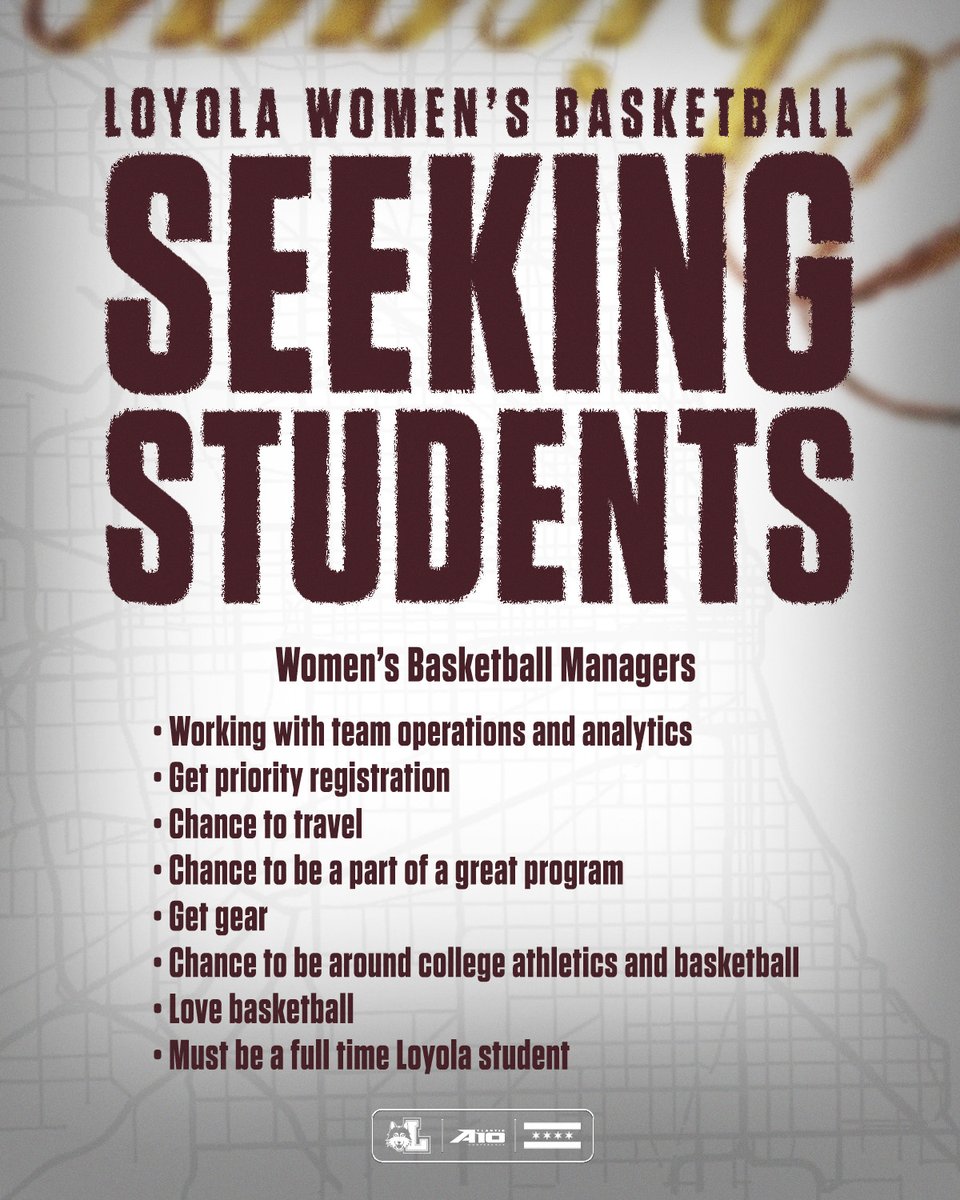 🚨 Loyola Chicago Women’s Basketball is looking for team managers for the upcoming season! 🚨

If you're passionate, hard-working, and ready to be part of something special, send your resume and why you're interested to George Buaku (gbuaku@luc.edu).
