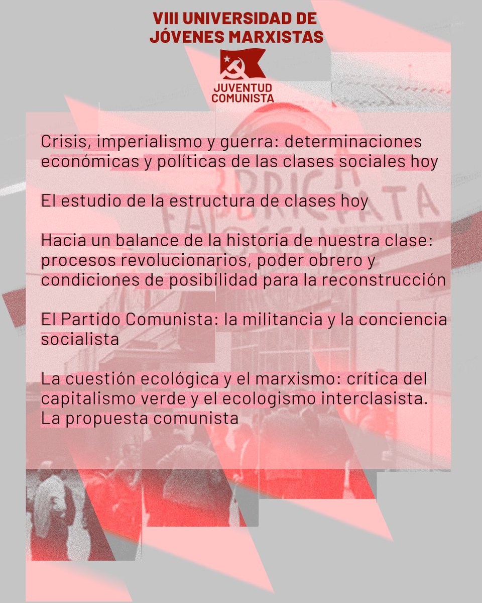 📖 El 14, 15, 16 y 17 de agosto celebramos la Universidad de Jóvenes Marxistas, espacio de formación para una juventud comunista que se organiza ante la crisis, la guerra imperialista y la ofensiva capitalista.
Un encuentro para forjar dirección y cuadros políticos.