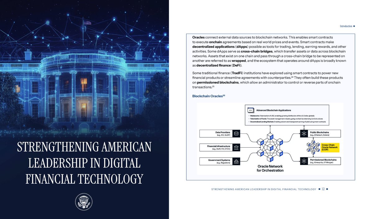 TODAY: The White House has featured oracles as a key technology in its new Digital Asset Report, highlighting how Chainlink is critical infrastructure for powering stablecoins, tokenized funds, &amp; the onchain economy.

whitehouse.gov/wp-content/upl…

We and our entire industry are