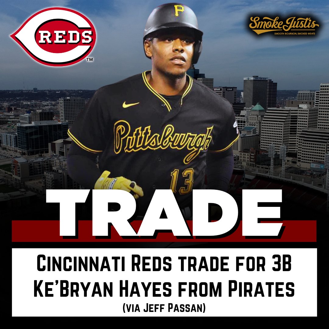 CBoxSports's tweet photo. The Cincinnati Reds have traded for 3B Ke'Bryan Hayes of the Pirates according to @JeffPassan.

Hayes is hitting .236/.279/.290 with 2 HR in 100 games this season. Hayes leads all MLB 3B with +16 Defensive Runs Saved. 

Hayes is signed through 2029 on a 8 yr/$70 mil deal. https://t.co/TfUxMMHKny