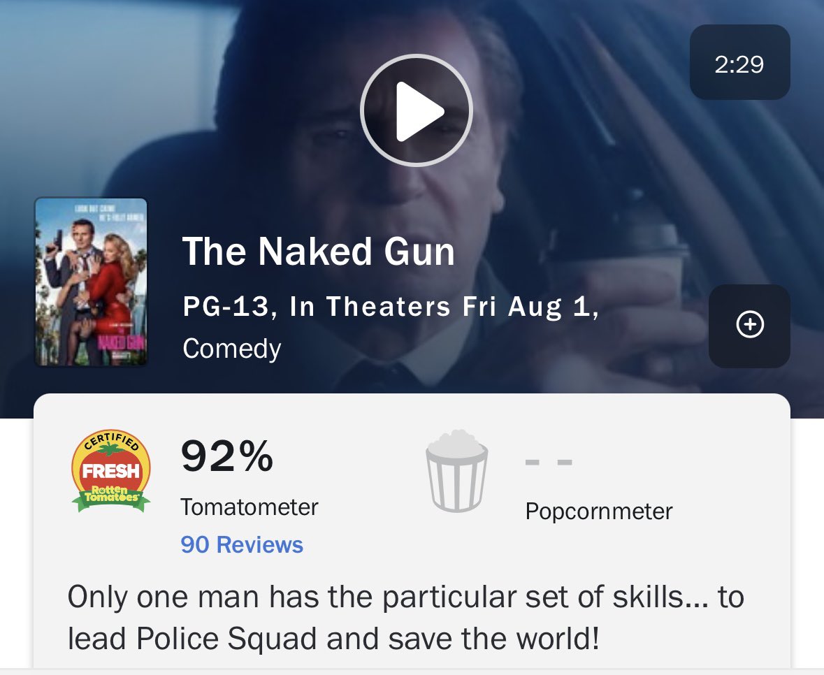 Davey Jon (@daveyjonporter) on Twitter photo #TheNakedGun debuts with a 92% criticâs score. Surely, they arenât serious.
(They are serious, and donât call me Shirley) đ
Opens Friday. Wear nice jeans đ
#AMC
<a href="/AMCTheatres/">AMC Theatres</a> #TheNakedGun debuts with a 92% criticâs score. Surely, they arenât serious.
(They are serious, and donât call me Shirley) đ
Opens Friday. Wear nice jeans đ
#AMC
<a href="/AMCTheatres/">AMC Theatres</a>
