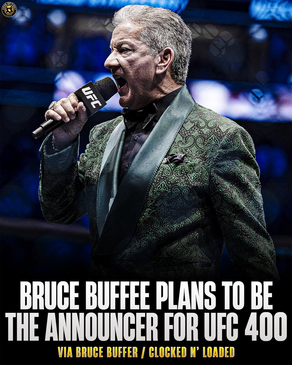 🫡 Bruce Buffer confirms his plan to be around for UFC 400 - stating he has another eight years left in him before retirement:

“I plan to [be at UFC 400], that’s a goal. I figure I got another eight years or so. That’s my plan.”

(via <a href="/ClockedNload/">Clocked N' Loaded</a>)