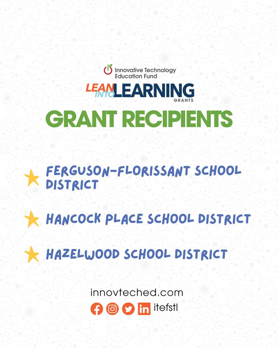 ITEF (@itefstl) on Twitter photo Today we want to highlight 3 of our 2025 Lean into Learning grant recipients! They'll be attending self-selected #ProfessionalDevelopment to level up their classrooms โญ๏ธ
๐ <a href="/FergFlorSchools/">Ferguson-Florissant</a>
๐<a href="/HancockSupt/">Dr. Kevin Carl</a>
๐<a href="/HazelwoodSD/">Hazelwood School District</a>
#StLouis #Teacher #Grant #EdLeaders #InnovativeLearning Today we want to highlight 3 of our 2025 Lean into Learning grant recipients! They'll be attending self-selected #ProfessionalDevelopment to level up their classrooms โญ๏ธ
๐ <a href="/FergFlorSchools/">Ferguson-Florissant</a>
๐<a href="/HancockSupt/">Dr. Kevin Carl</a>
๐<a href="/HazelwoodSD/">Hazelwood School District</a>
#StLouis #Teacher #Grant #EdLeaders #InnovativeLearning