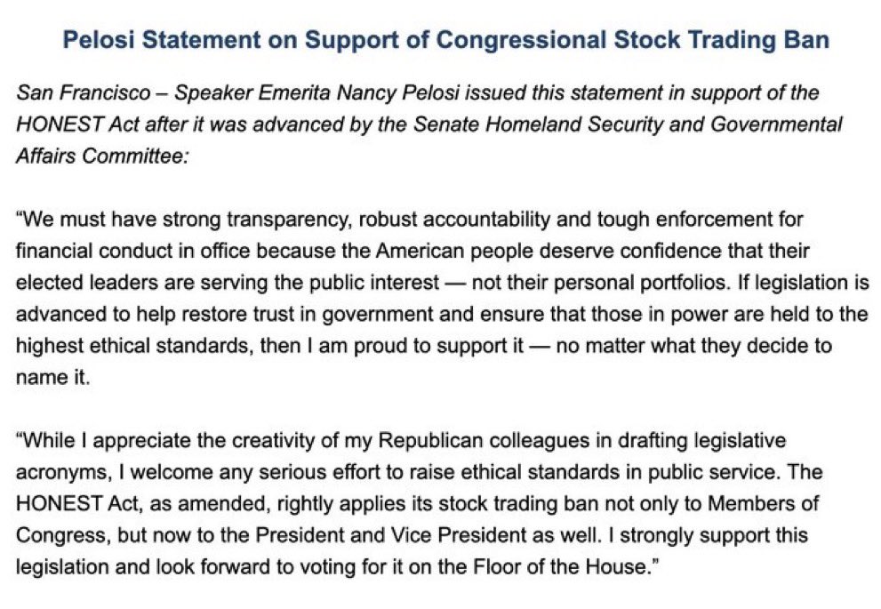 🔵MARKET: Nancy Pelosi sostiene il divieto di trading di azioni al Senato degli Stati Uniti
