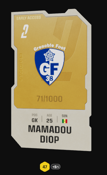 A l'occasion du palier des 100 follows sur twitch bientôt atteint je vous offre la carte de Diop le GK titulaire du #GF38 
Le tirage aura lieu demain après-midi lors de mon live ! 🔥
❤️ et 🔄 Pour me soutenir ! 🥳
#sorare #Giveaway