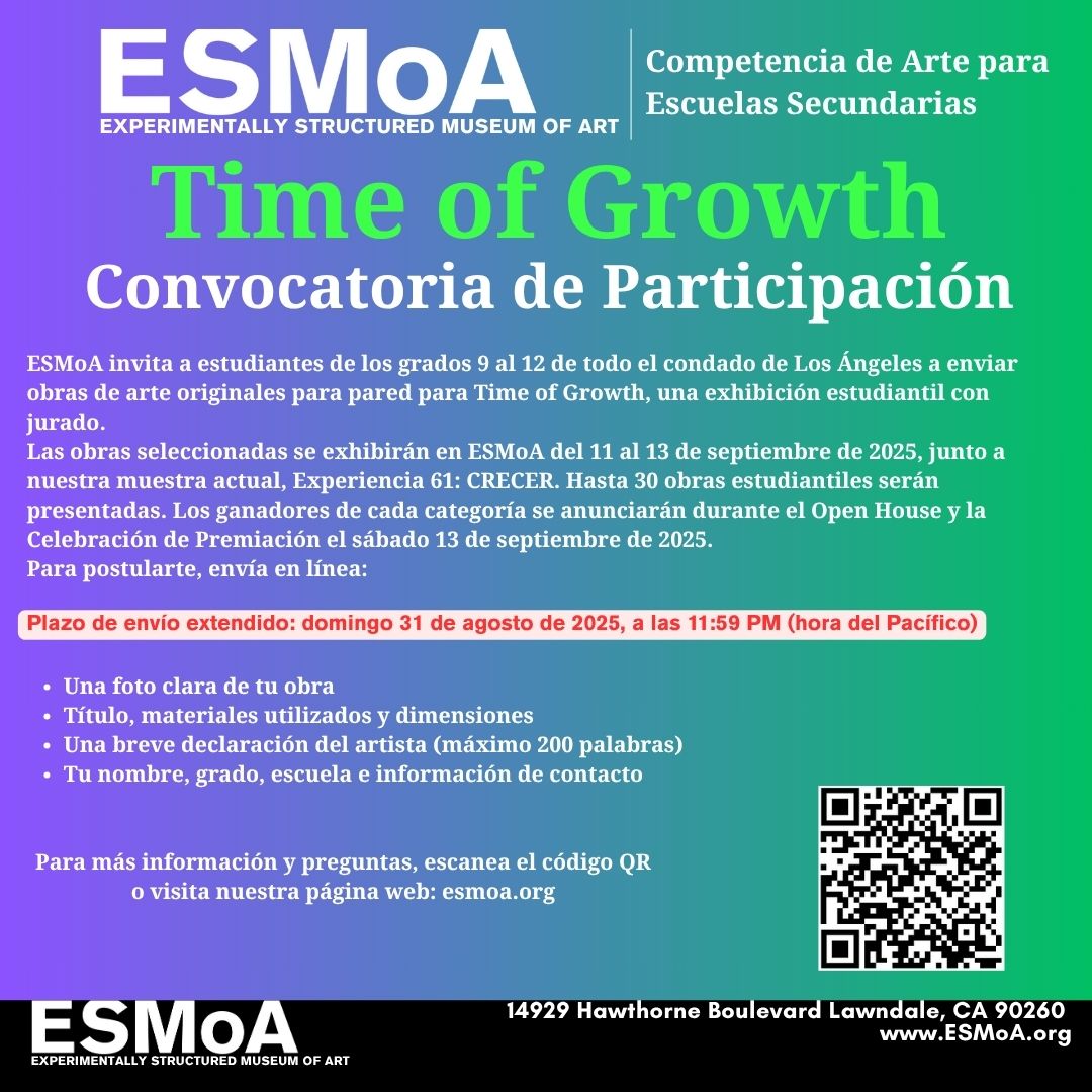 esmoaorg's tweet image. 🚨 High school artists! The Time of Growth deadline is EXTENDED to Sun, Aug 31 @ 11:59 PM PST! Submit wall-based art for a chance to be featured at ESMoA Sept 11–13. Awards on Sept 13 🎉
Submit via link in bio.
🌐 esmoa.org
#TimeOfGrowthESMoA