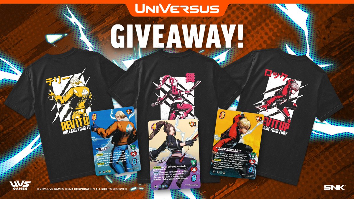 💥 GIVEAWAY TIME! 💥 

We’re giving away 3 Fatal Fury Tee Bundles, one for each fighter! 

❤️ Like for Terry
🔁 RT for Mai
💬 Reply “REV IT UP!” for Rock

3 winners will be announced on the release day August 4th and contacted via DM!