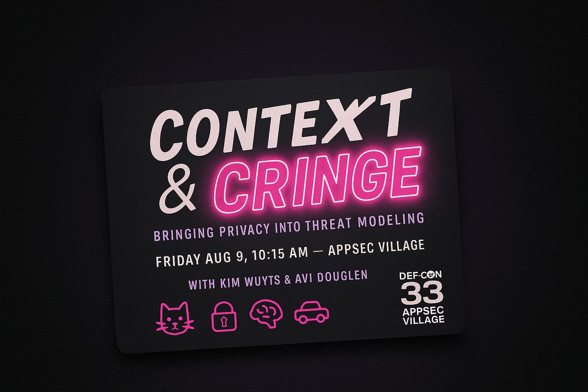 Join us Friday at 10:15 in the @appsecvillage <a href="/defcon/">DEF CON</a> for our "Context &amp; Cringe: a privacy threat modeling" workshop with memes 😺, a brand new card game 🃏, and hands-on LINDDUN GO 🚗.

@avid
#DEFCON33 #AppSec #PrivacyEngineering