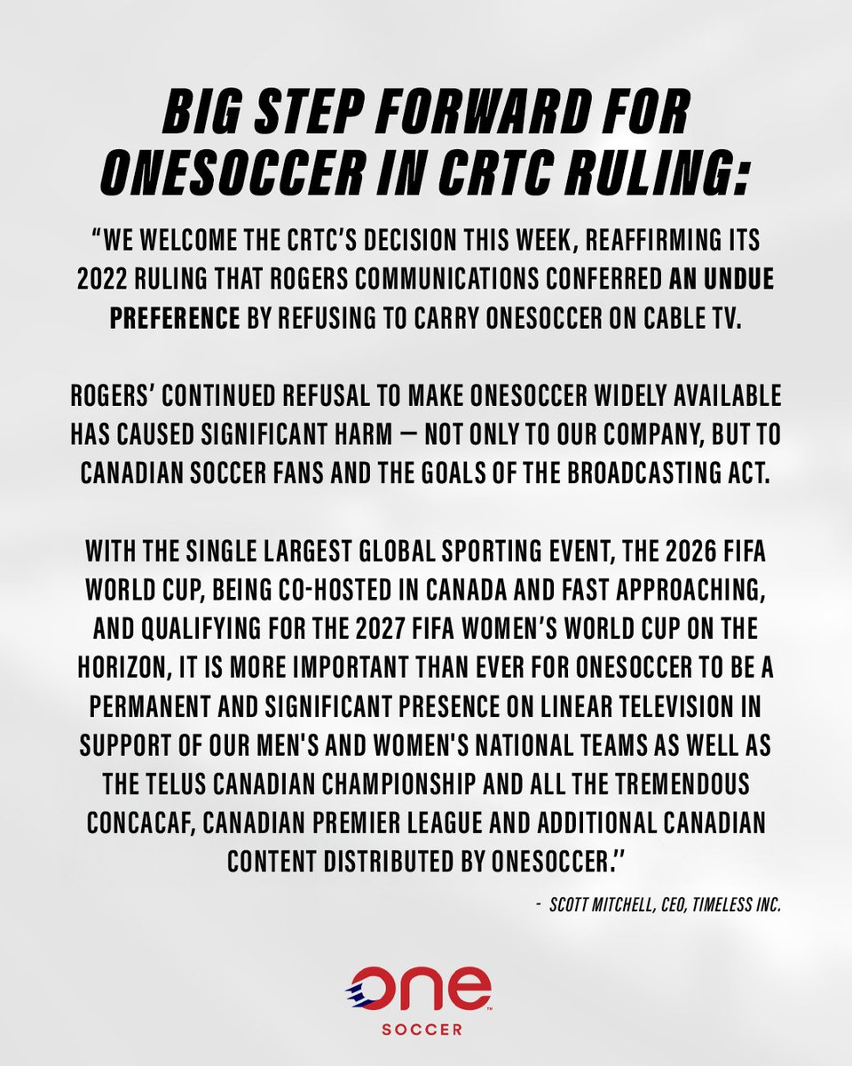 A statement regarding Broadcast Decision CRTC 2025-187 from Timeless, Inc. owner and CEO Scott Mitchell 🇨🇦

#CanMNT | #CanWNT | #CanPL