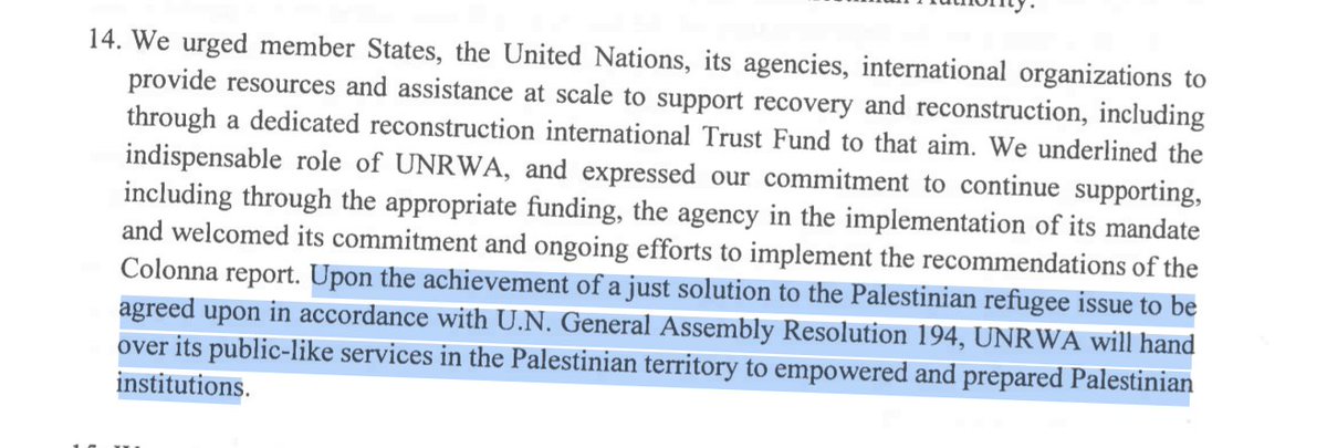 Ali Abunimah (@aliabunimah) on Twitter photo 🚨 "Two-state solution" document endorsed by France, Europeans, Saudi Arabia, Jordan, Qatar and Arab League, circulated at UN and revealed by <a href="/TimesofIsrael/">The Times of Israel</a> calls for dissolving <a href="/UNRWA/">UNRWA</a> without implementing the right of return for Palestinian refugees. I'll explain:
(1) The 🚨 "Two-state solution" document endorsed by France, Europeans, Saudi Arabia, Jordan, Qatar and Arab League, circulated at UN and revealed by <a href="/TimesofIsrael/">The Times of Israel</a> calls for dissolving <a href="/UNRWA/">UNRWA</a> without implementing the right of return for Palestinian refugees. I'll explain:
(1) The