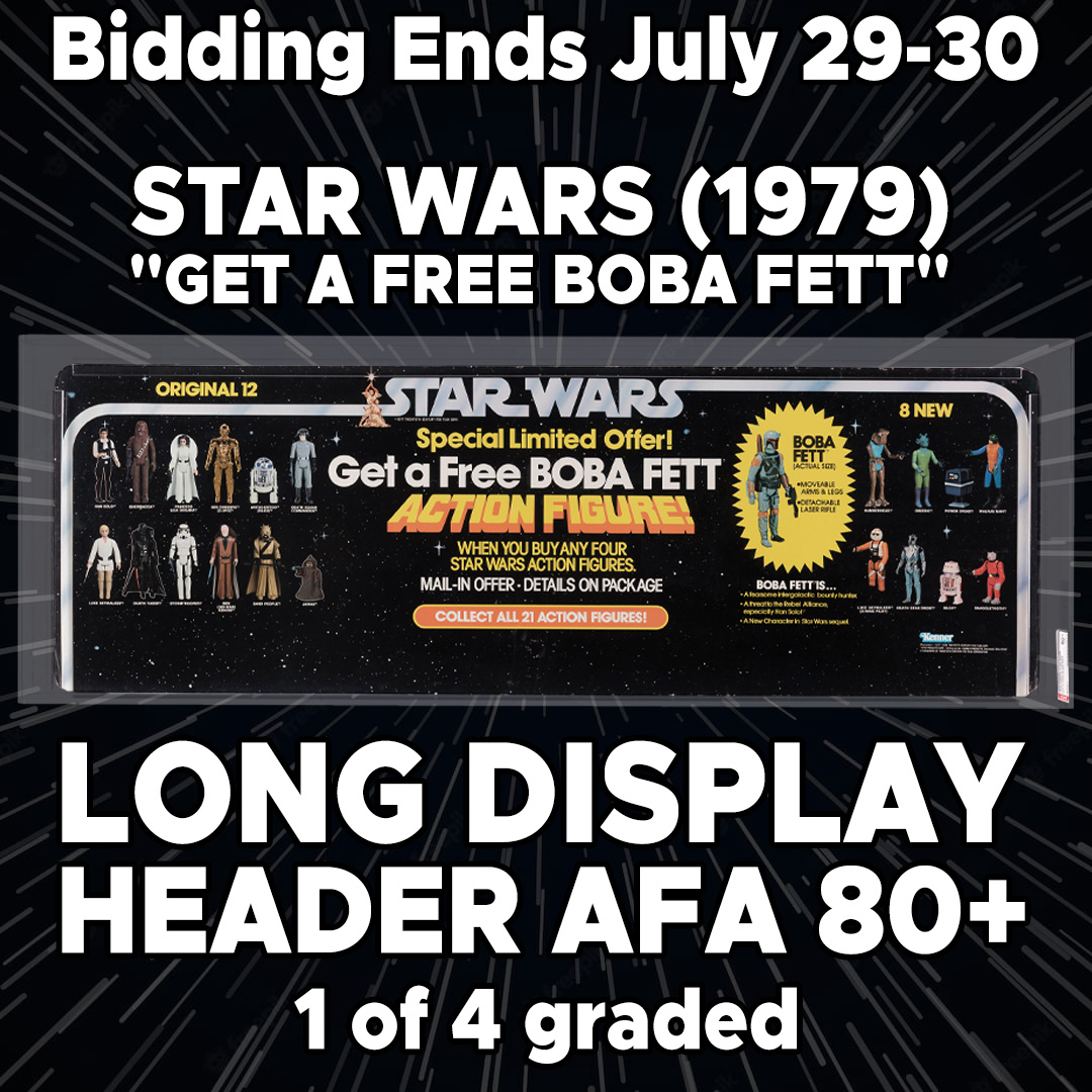 ENDING SOON! A 1st at auction with only 4 examples graded by AFA at time of cataloging, this 12x36" display would amplify any Star Wars collection! ow.ly/jgHK50WnLto
Hake's, the #1 Action Figure Auction House in the World!
#actionfigures #starwars #collectibles #auction