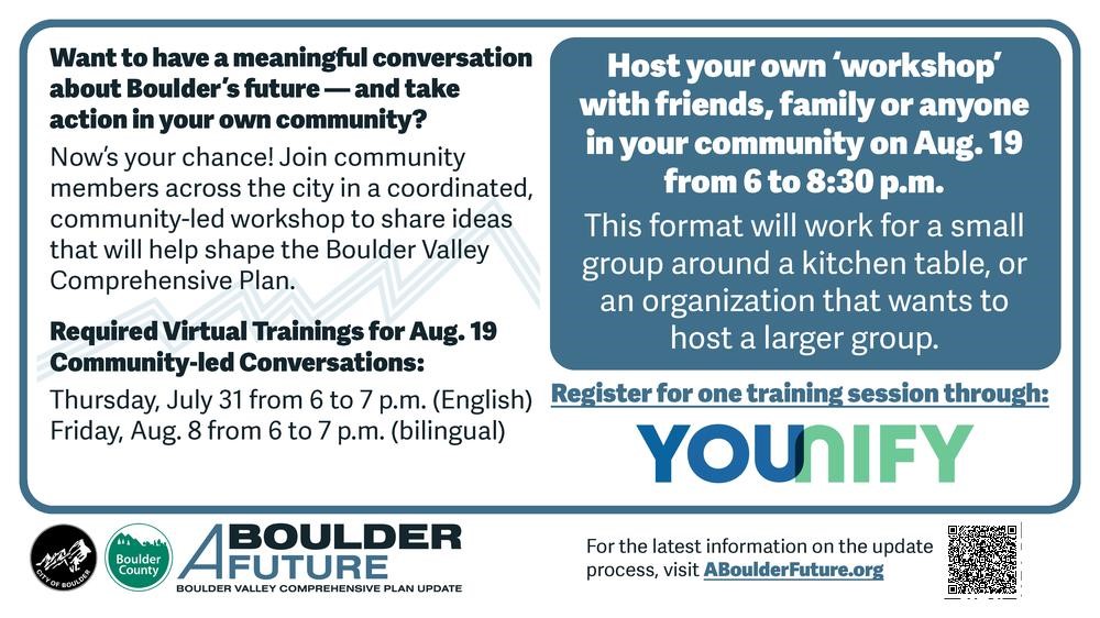 The City of Boulder seeks hosts for a coordinated community-wide conversation about the Boulder Valley Comprehensive Plan on the evening of August 19. Sign up for a virtual training session to host: July 31 or August 8. More information: ow.ly/JSjs50WxkcR
#ABoulderFuture