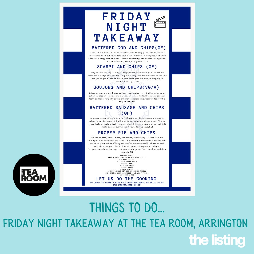 🍽️ Takeaway Fridays – Launching this Friday 1st August, 5-8pm at The Tea Rooms, Arrington…and then on the last Friday of every month!

To read more, vsit: 
bit.ly/TheTeaRoomsFri…

#TheTeaRoom #Arrington #TheTeaRoomsArrington #FishAndChips    #FridayNightTakeaway ❤️