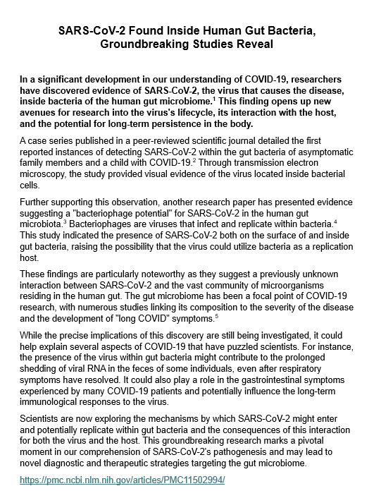 Researchers have discovered evidence of SARS-CoV-2 inside bacteria of the human gut microbiome.

This finding opens up new avenues 4 research into the virus's lifecycle, its interaction with the host, &amp; the potential for long-term persistence in the body.
pubmed.ncbi.nlm.nih.gov/39464247/