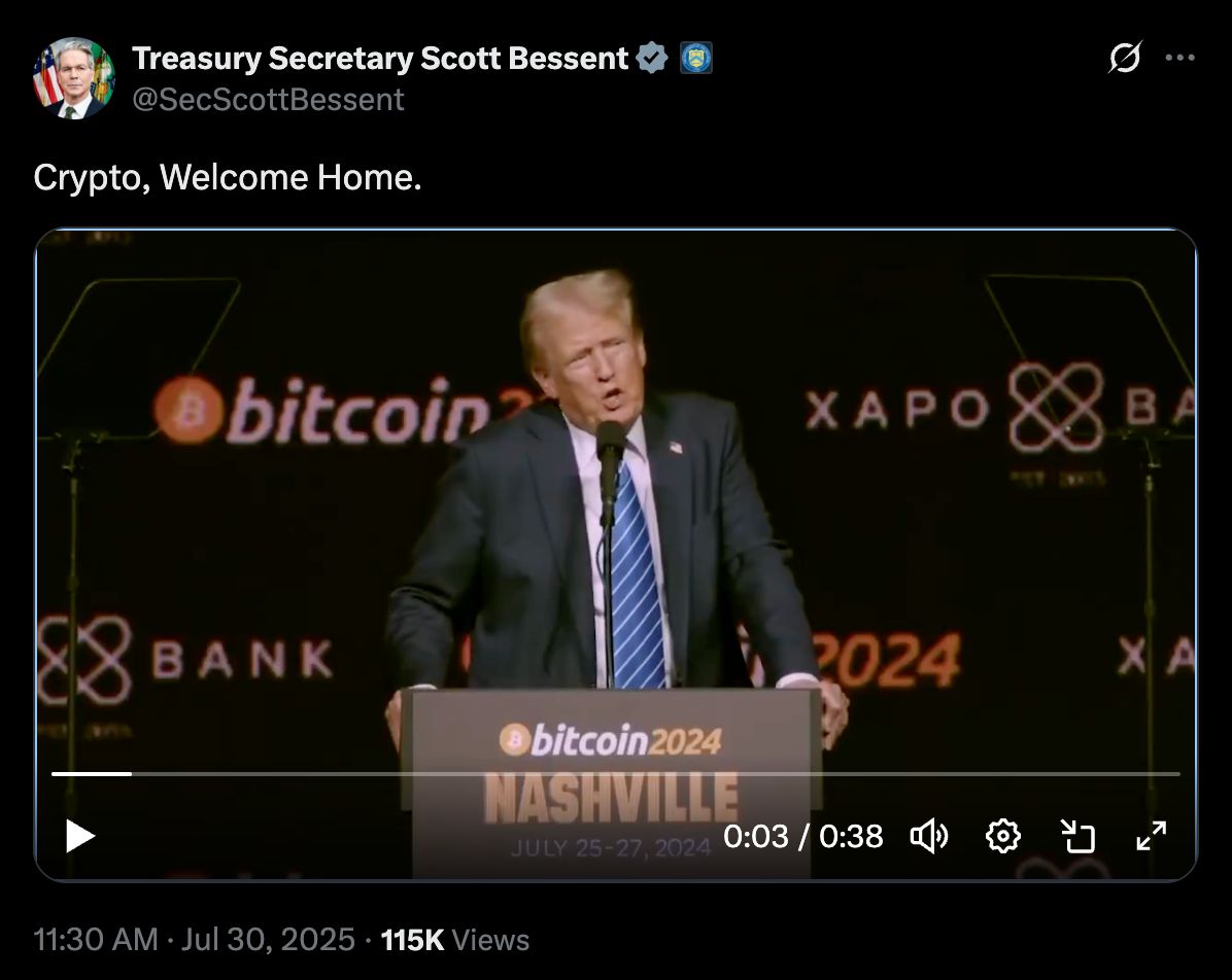🟠BITCOIN: "Il Segretario del Tesoro USA accoglie le criptovalute: 'Crypto, welcome home'"