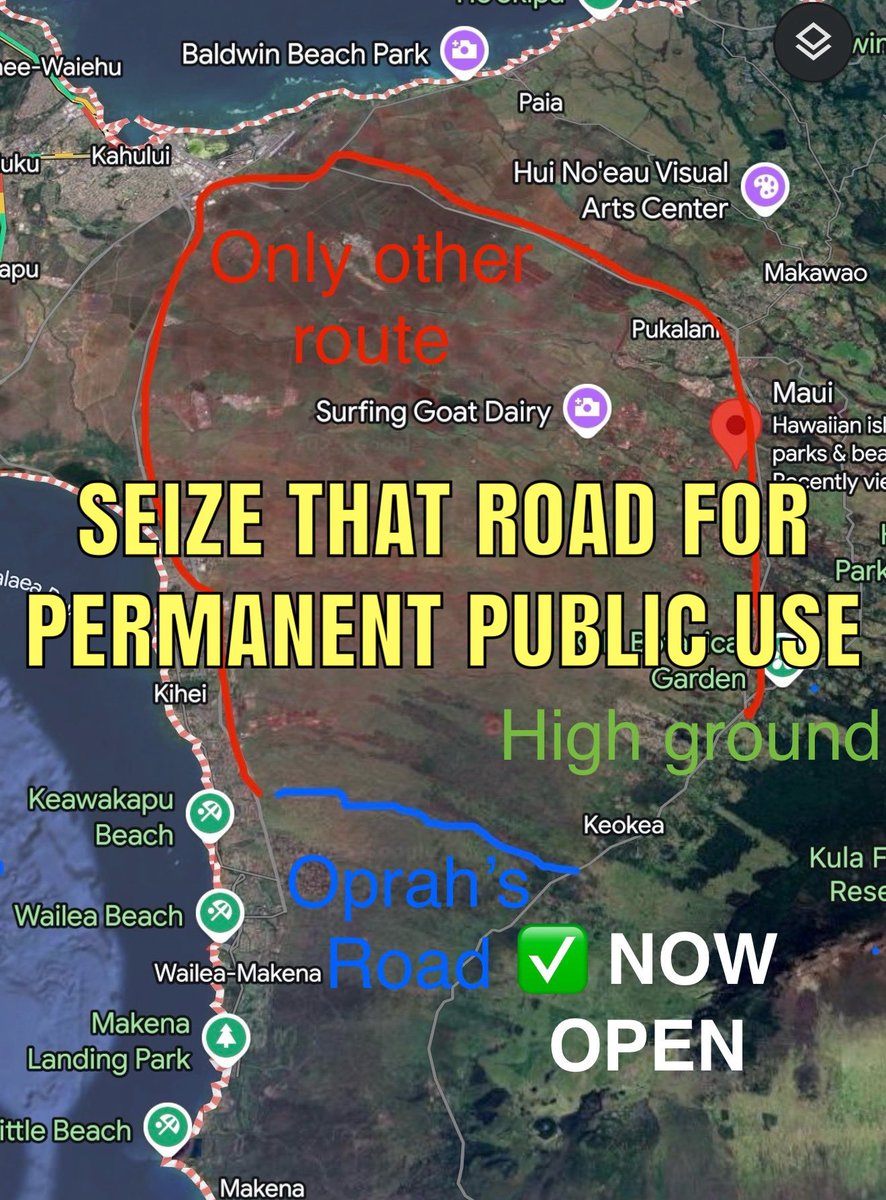 Oprah didn't want Hawaiians to use her private road to escape to high ground in the tsunami emergency.  Seize her road for permanent public use.