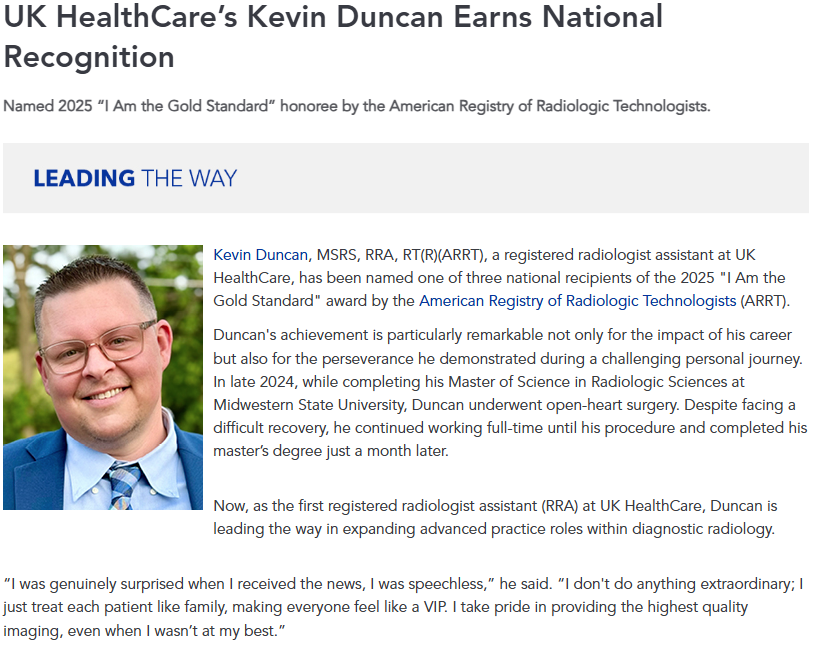 UKY Radiology (@ukyradiology) on Twitter photo Congratulations to our RRA Kevin Duncan on his award! We are very proud to have him on our team π <a href="/TheOfficialARRT/">The American Registry of Radiologic Technologists</a> Congratulations to our RRA Kevin Duncan on his award! We are very proud to have him on our team π <a href="/TheOfficialARRT/">The American Registry of Radiologic Technologists</a>