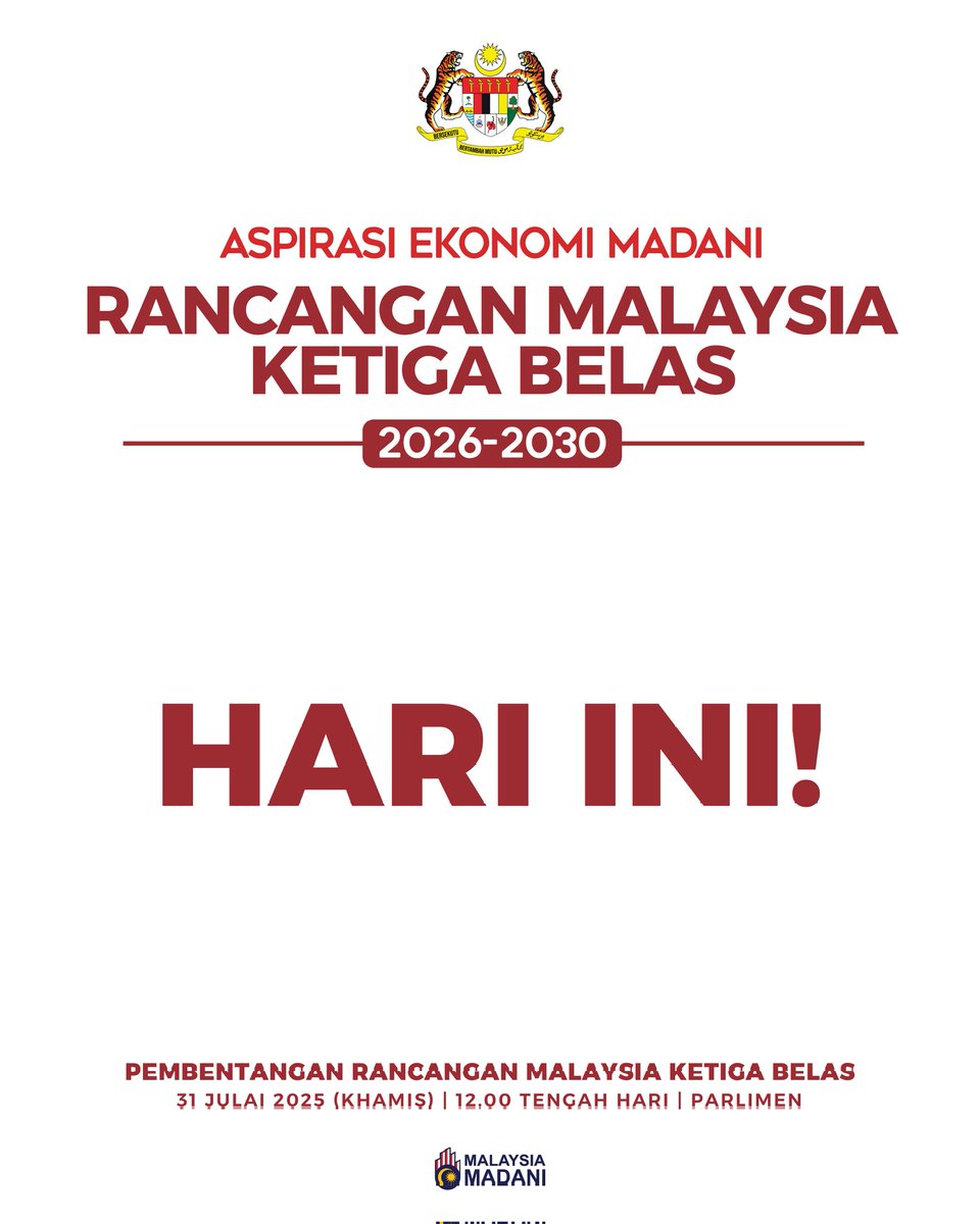 📣 HARI INI!

Rancangan Malaysia Ketiga Belas (RMK13) akan menjadi pelan hala tuju negara menuju pembangunan mampan dan menyeluruh demi kesejahteraan rakyat.

Ikuti pembentangan Rancangan Malaysia Ketiga Belas (RMK13) 2026–2030 pada:

🗓️ 31 Julai 2025 (Khamis)
🕛 12.00 tengah