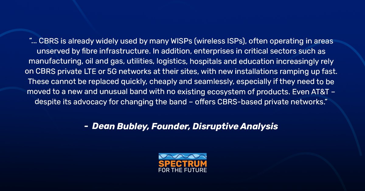 Spectrum for the Future (@spectrum_future) on Twitter photo Recently from <a href="/disruptivedean/">Dean Bubley</a>: #CBRS powers critical infrastructure across manufacturing, healthcare, education, & rural broadband. WISPs rely on it for unserved areas. Policymakers must keep it accessible for these essential American needs.
spectrumfuture.com/icymi-tech-ana… Recently from <a href="/disruptivedean/">Dean Bubley</a>: #CBRS powers critical infrastructure across manufacturing, healthcare, education, & rural broadband. WISPs rely on it for unserved areas. Policymakers must keep it accessible for these essential American needs.
spectrumfuture.com/icymi-tech-ana…
