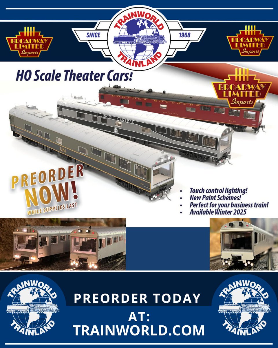TrainWorld.com (@trainworld) on Twitter photo The deadline to preorder these wonderful HO scale Theater Cars from <a href="/BLITrains/">Broadway Ltd Imports</a> is TOMORROW! Get them in soon to reserve the best seat on the train! 🍿
PreOrder today at TrainWorld.com! tinyurl.com/bdcv3hmw
#broadwaylimited #hoscale #inspectioncar #theatercar The deadline to preorder these wonderful HO scale Theater Cars from <a href="/BLITrains/">Broadway Ltd Imports</a> is TOMORROW! Get them in soon to reserve the best seat on the train! 🍿
PreOrder today at TrainWorld.com! tinyurl.com/bdcv3hmw
#broadwaylimited #hoscale #inspectioncar #theatercar