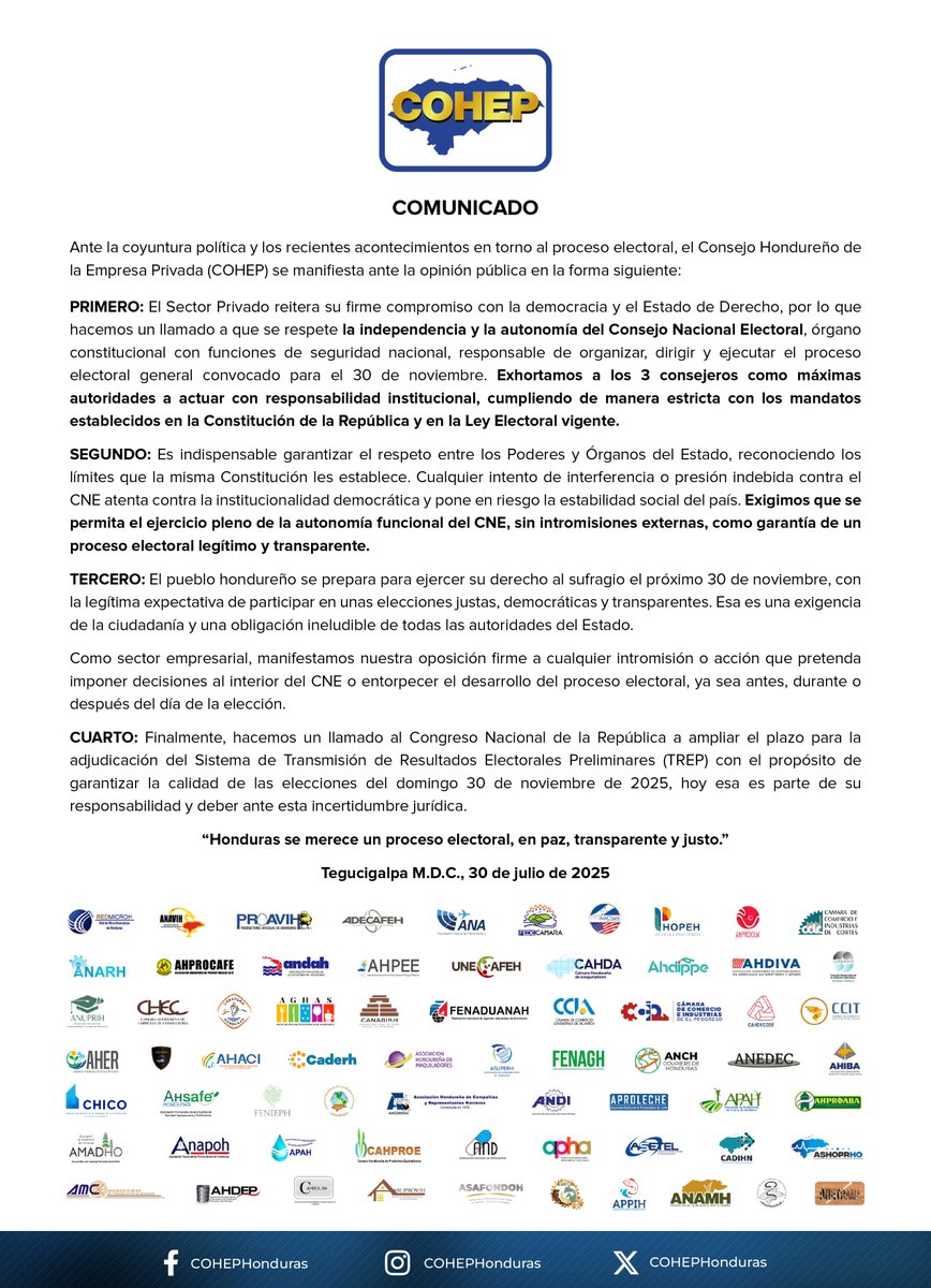 #ComunicadoCOHEP ⬇️ Ante la coyuntura política y los recientes acontecimientos en torno al proceso electoral.