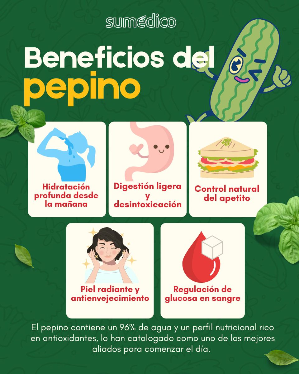 🥒💚 ¿Un pepino al día? ¡Sí, por favor! Incluir pepino en tu dieta diaria puede mejorar tu salud digestiva, mantenerte hidratado y ayudarte en el control de peso, según estudios recientes. 💦🧘‍♀️

Más información en: sumedico.com/nutricion-diet…