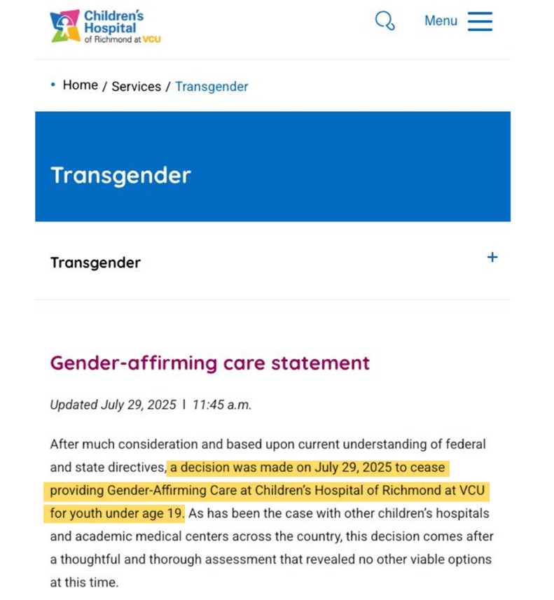 Libs of TikTok (@libsoftiktok) on Twitter photo BREAKING: Children's Hospital of Richmond at VCU (<a href="/childrensatvcu/">Children's Hospital of Richmond at VCU</a>) to END ALL "Gender Affirming Care" aka chemical and surgical castration on minors. BREAKING: Children's Hospital of Richmond at VCU (<a href="/childrensatvcu/">Children's Hospital of Richmond at VCU</a>) to END ALL "Gender Affirming Care" aka chemical and surgical castration on minors.