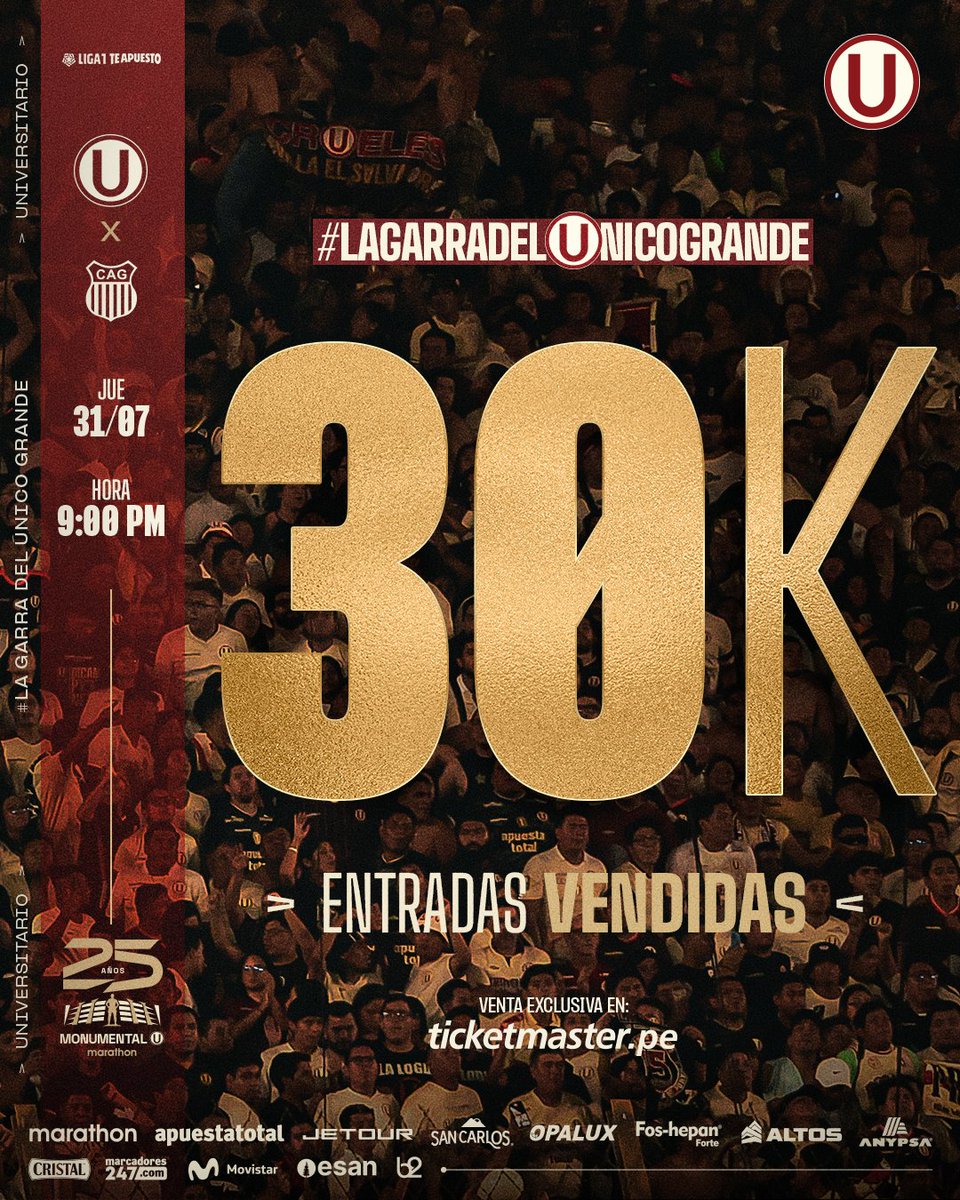 Universitario (@universitario) on Twitter photo 𝗘𝗥𝗘𝗦 𝗠𝗔́𝗦 𝗤𝗨𝗘 Ⓤ𝗡 𝗦𝗘𝗡𝗧𝗜𝗠𝗜𝗘𝗡𝗧𝗢 💛❤️
Ya son más de 30 mil los cremas confirmados, entre tribunas y palcos, para nuestro partido de mañana ante Atlético Grau en el <a href="/Monumental_U_/">Estadio Monumental Ⓤ Marathon</a>.
🎟️ Adquiere tus entradas aquí ▶️ bit.ly/4kWG7X6 𝗘𝗥𝗘𝗦 𝗠𝗔́𝗦 𝗤𝗨𝗘 Ⓤ𝗡 𝗦𝗘𝗡𝗧𝗜𝗠𝗜𝗘𝗡𝗧𝗢 💛❤️
Ya son más de 30 mil los cremas confirmados, entre tribunas y palcos, para nuestro partido de mañana ante Atlético Grau en el <a href="/Monumental_U_/">Estadio Monumental Ⓤ Marathon</a>.
🎟️ Adquiere tus entradas aquí ▶️ bit.ly/4kWG7X6