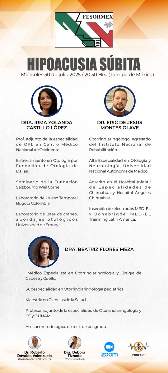 Fesormex's tweet photo. Hipoacusia Súbita

30 de julio 20:30 Hrs. (tiempo de México)

Inscríbete:
https://t.co/VhogVp88sV

Puntos CMORL en trámite

APP IPHONE:
https://t.co/C6XK0VojYp

APP ANDROID:
https://t.co/tX82pHnp6B

WhatsApp:  33 2136 5173

#SEORLCCC
#COCCCEJAL
#Otorrino
#endoscopia https://t.co/BZGiZILseq