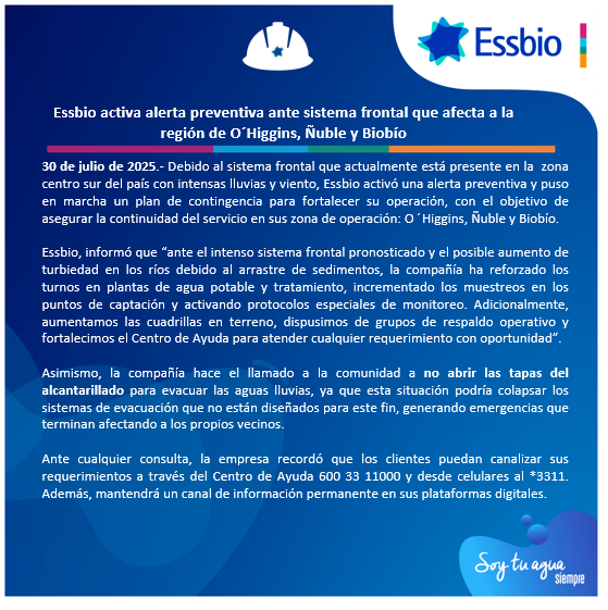 Essbio activa alerta preventiva ante sistema frontal que afecta a la zona centro sur del país