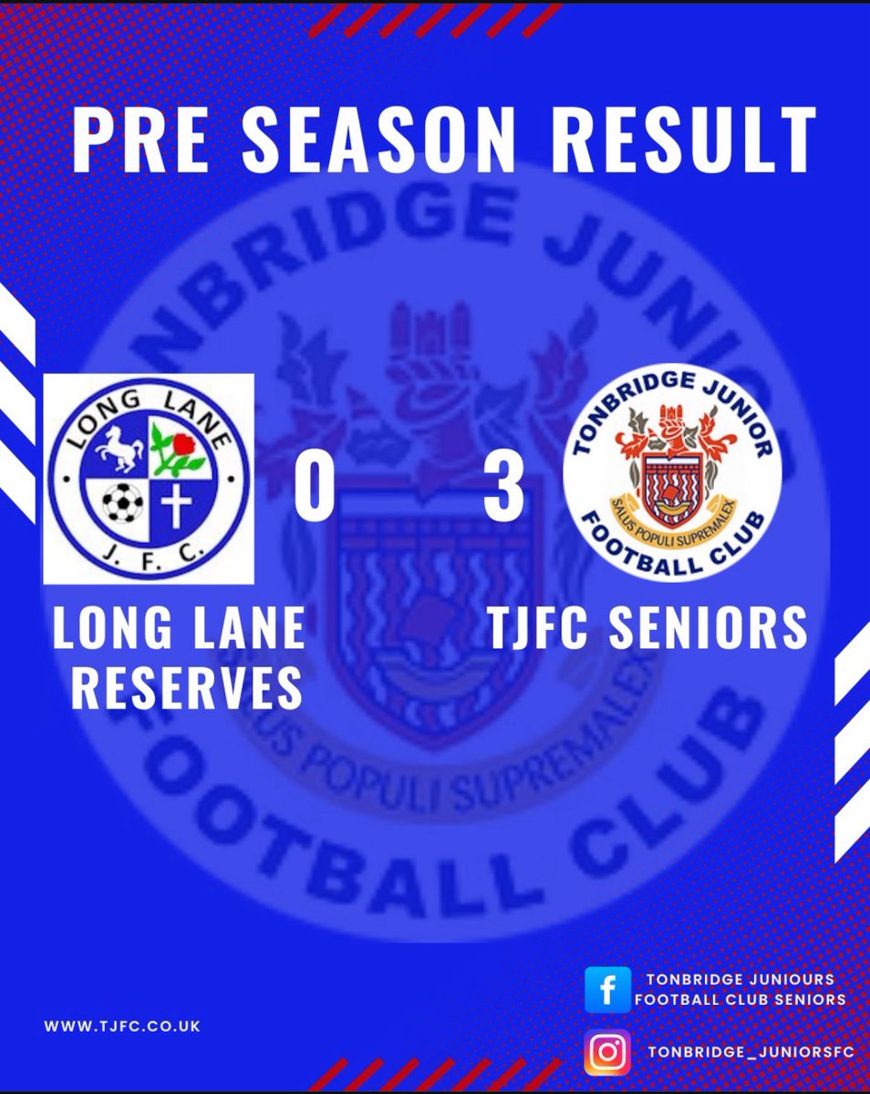 Result is in from Our first preseason match last Saturday as we prepare for the new season, 

Our thanks to long line reserves for the game and we would like to wish them well for the season

#tonbridgejuniorsfc #preseason #Result