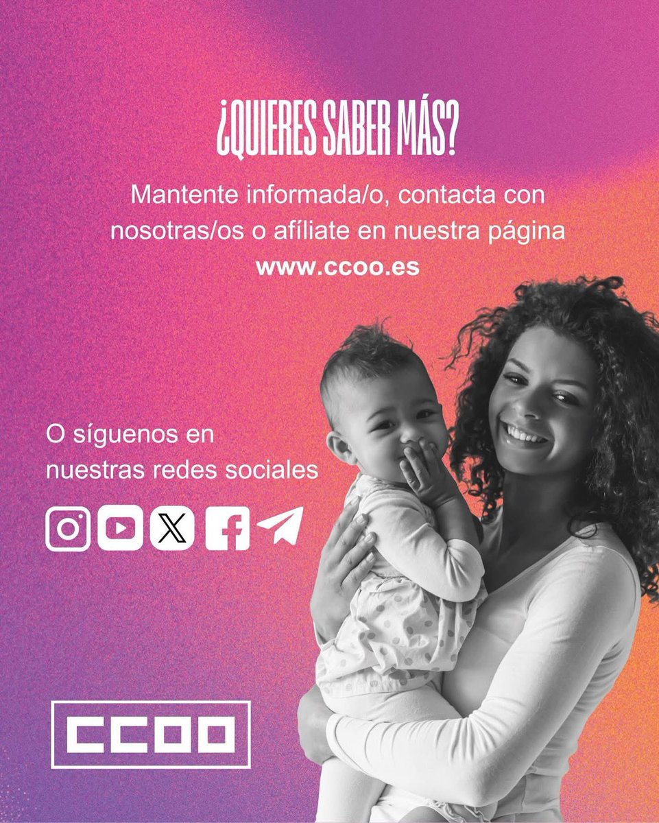 CCOO de León (@ccooleon) on Twitter photo Desde <a href="/CCOOLeon/">CCOO de León</a> te informamos de que hay cambios importantes en los permisos de conciliación:
1. Aumentan las semanas
2. Se amplían los derechos
3. Se garantiza mayor protección para familias.
‼️Pero ¡ojo! Se amplía a 19 semanas, pero algunas sin remunerar.
Si dudas🤔= <a href="/CCOO/">COMISIONES OBRERAS</a> Desde <a href="/CCOOLeon/">CCOO de León</a> te informamos de que hay cambios importantes en los permisos de conciliación:
1. Aumentan las semanas
2. Se amplían los derechos
3. Se garantiza mayor protección para familias.
‼️Pero ¡ojo! Se amplía a 19 semanas, pero algunas sin remunerar.
Si dudas🤔= <a href="/CCOO/">COMISIONES OBRERAS</a>