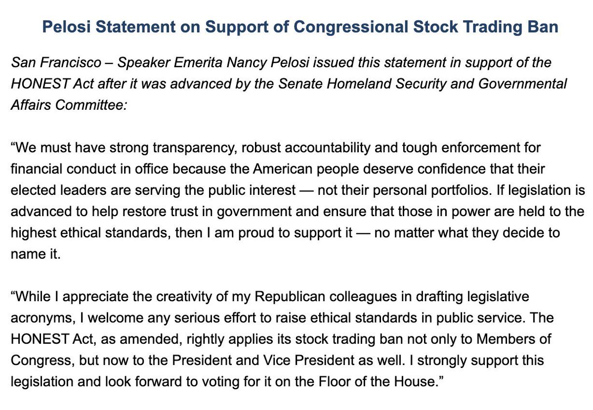 Pelosi Endorses Senate Plan to Bar Stock Trades by U.S. Officials