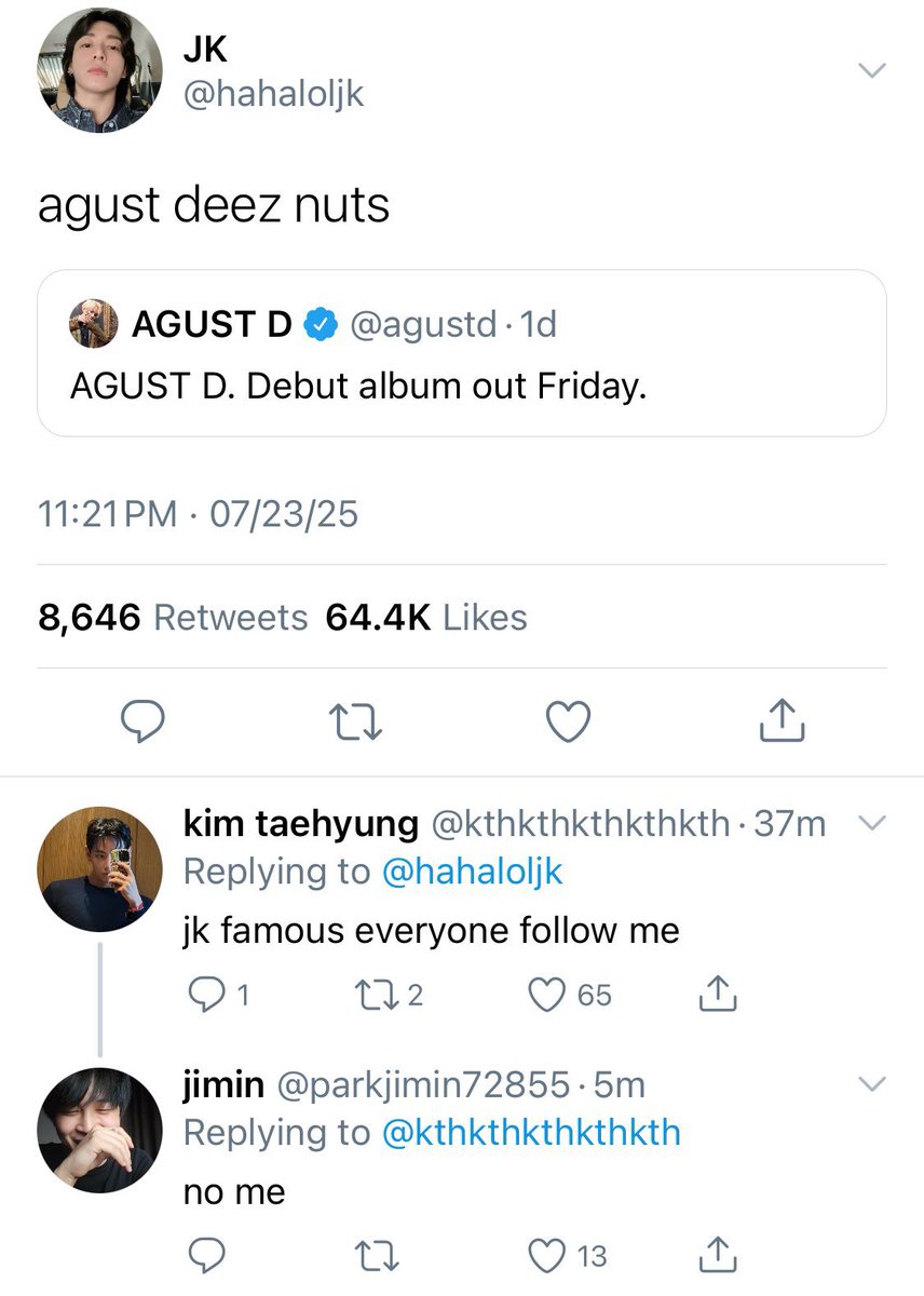 itisalldirty's tweet photo. au where rising rapper agust d announces his first self titled album and gets ratiod by college kid jungkook for quote tweeting it with agust deez nuts https://t.co/CfGSzx2Ko6