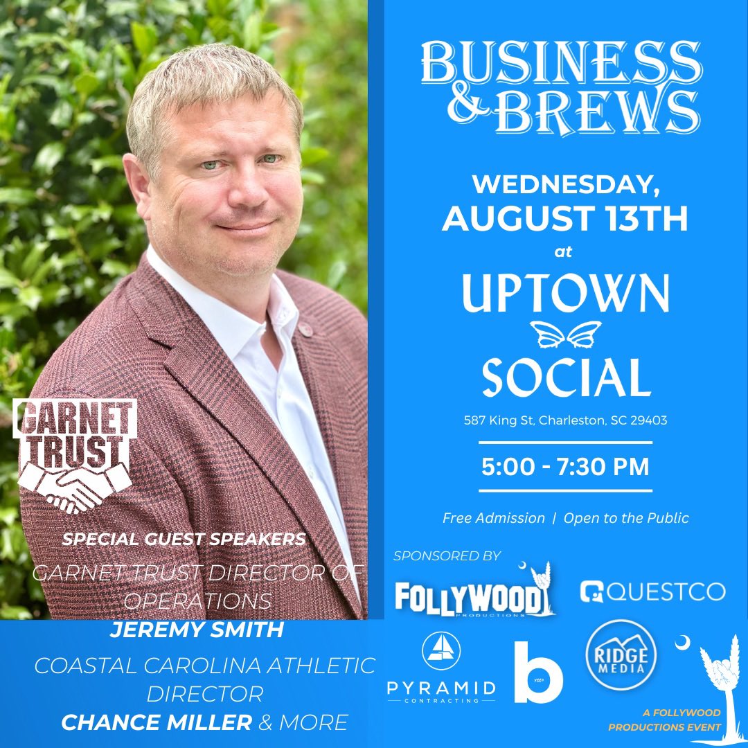 Wednesday, Aug. 13th:

Charleston Business &amp; Brews at Uptown Social with Coastal Carolina Athletic Director Chance Miller, Garnet Trust Director of Operations Jeremy Smith &amp; more.

Topic: The Business of Collegiate Athletics &amp; NIL.

#Gamecocks #ChantsUp 

eventbrite.com/e/business-bre…