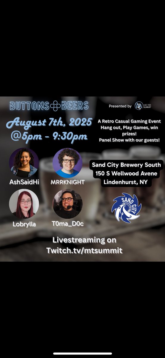 mtsummitgaming's tweet photo. We will be at @SandCityBeer for a special pre-LI retro event, Buttons &amp; beers, on Thursday August 7th! We will have a Tetris  challenge, free play on other games, and a panel show featuring our guests! Come hang out with us, play games, hit buttons and have some beers! https://t.co/brtptSCmnk
