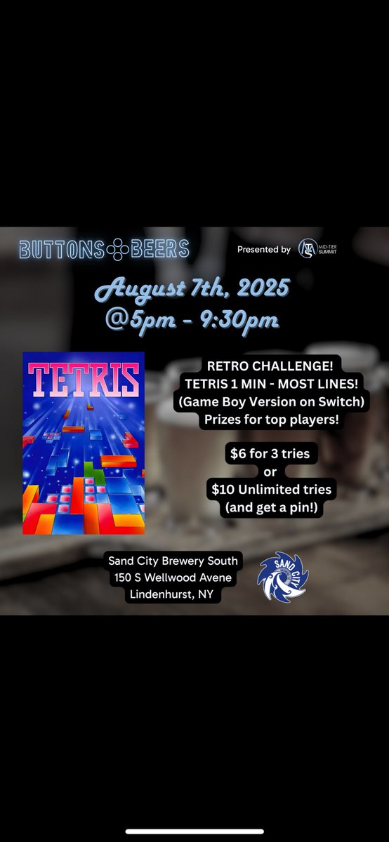 Mid-Tier Summit Gaming (@mtsgamingny) on Twitter photo We will be at <a href="/SandCityBeer/">Sand City Brewing Co</a> for a special pre-LI retro event, Buttons & beers, on Thursday August 7th! We will have a Tetris challenge, free play on other games, and a panel show featuring our guests! Come hang out with us, play games, hit buttons and have some beers! We will be at <a href="/SandCityBeer/">Sand City Brewing Co</a> for a special pre-LI retro event, Buttons & beers, on Thursday August 7th! We will have a Tetris challenge, free play on other games, and a panel show featuring our guests! Come hang out with us, play games, hit buttons and have some beers!