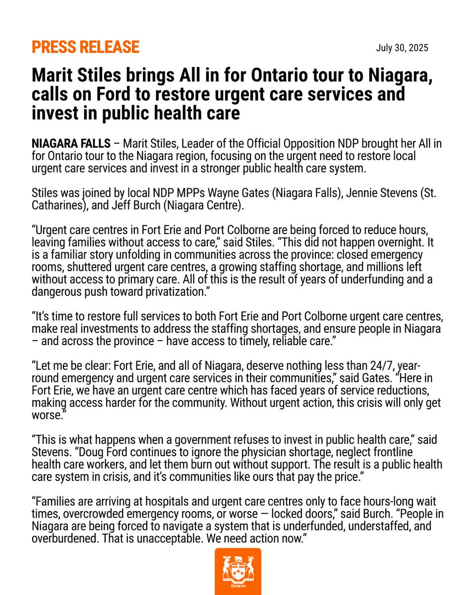 #NEW: Marit Stiles brings All in for Ontario tour to Niagara, calls on Ford to restore urgent care services and invest in public health care