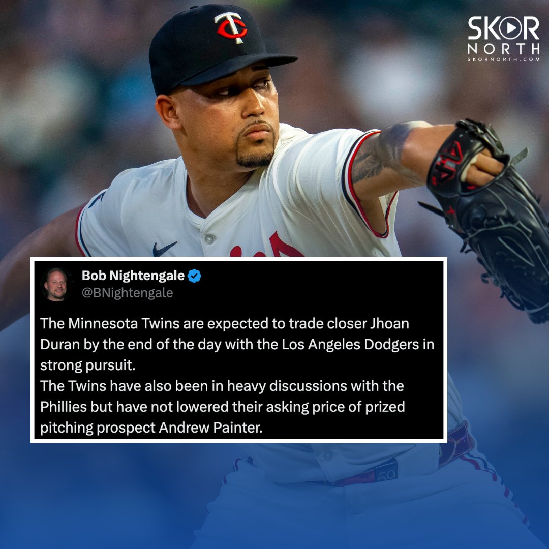 The #MNTwins are expected to trade Jhoan Duran by the end of the day, per Bob Nightengale.

The Dodgers and Phillies are potential partners.