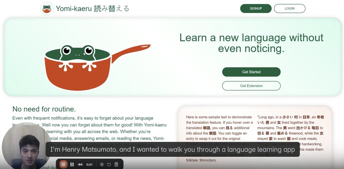 resilientcoders's tweet image. Today’s #engineer talent highlight is Henry Matsumoto! For a recent full stack project he built Yomi-kaeru, a browser extension that scans through text on a webpage and periodically translates words into Japanese. Watch the demo: hubs.ly/Q03zDjYX0
#OpenToWork #Boston